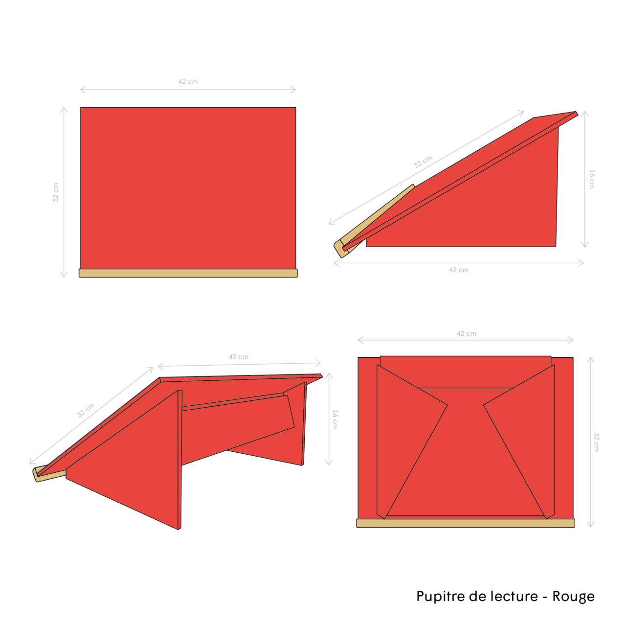 Dessin techniques pupitre de lecture rouge avec quote en centimètre