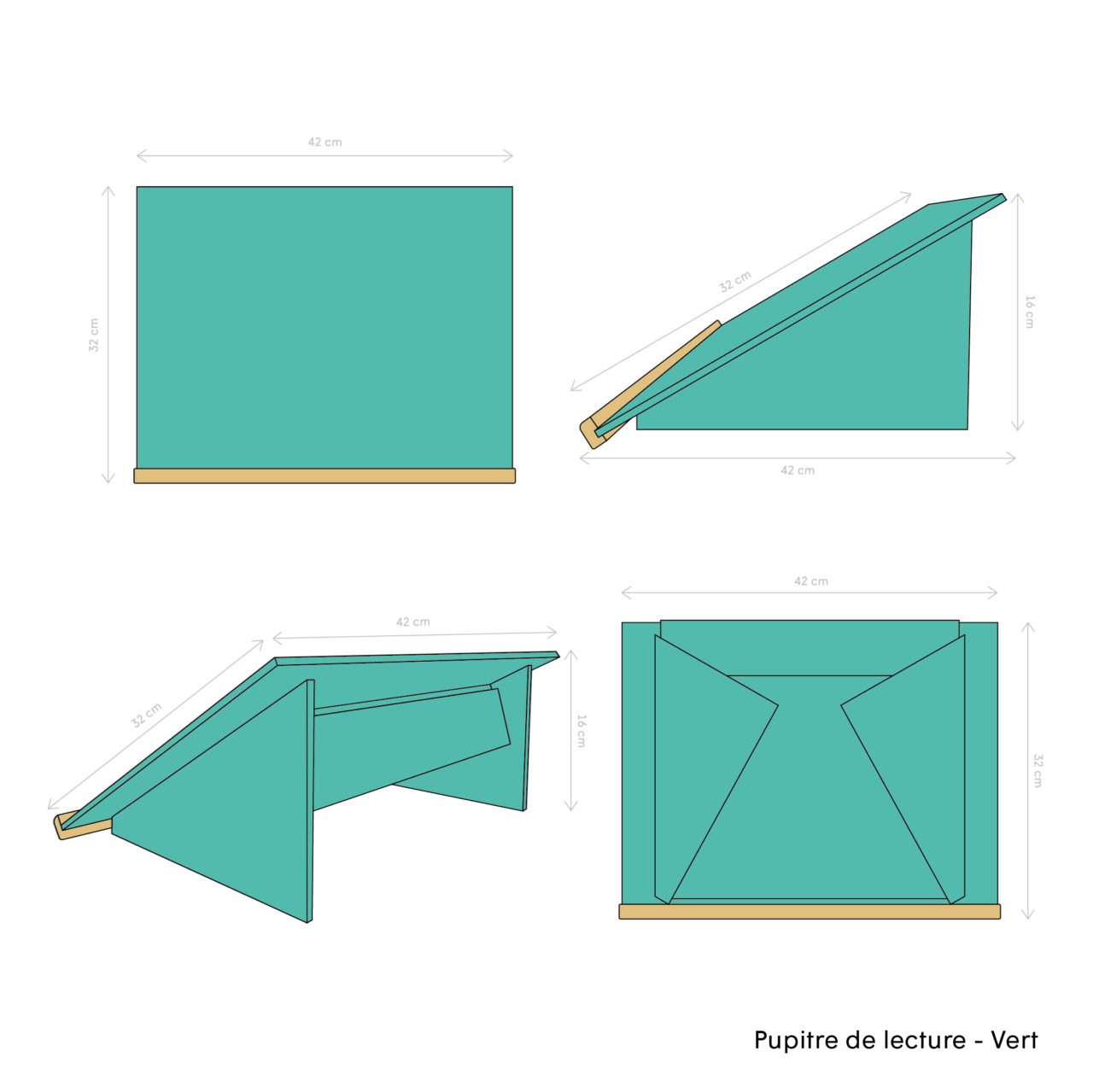 Dessin techniques pupitre de lecture vert avec quote en centimètre